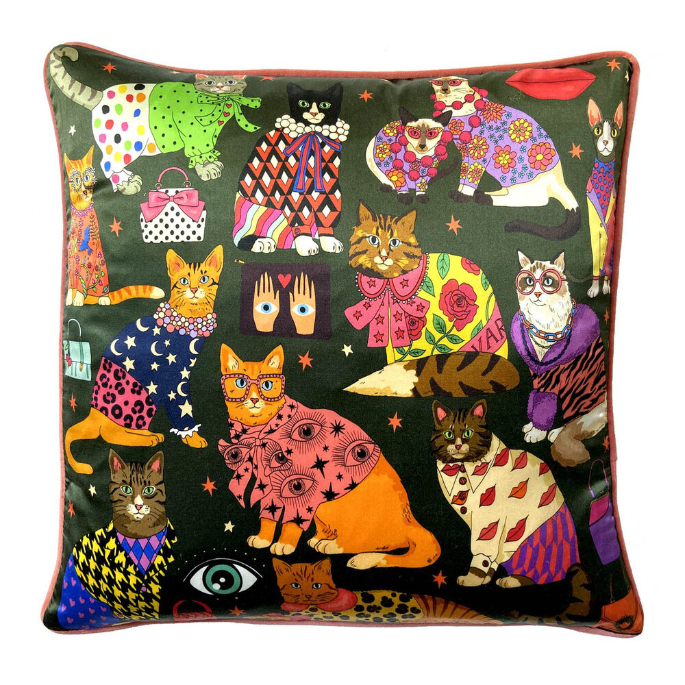 Karen Mabon - Fashion Cats Kissen - 45x45 cm - Grün