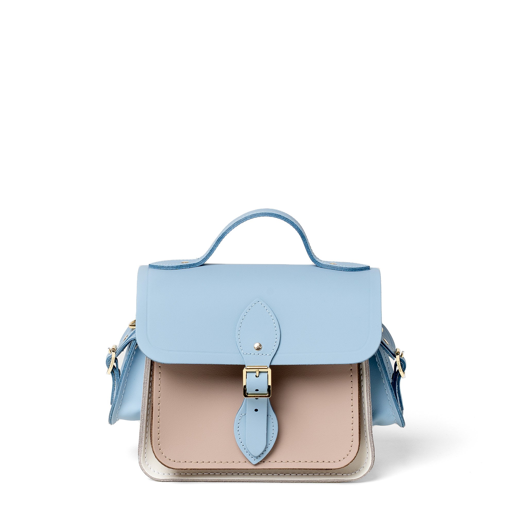Cambridge Satchel Traveller Bag with Side Pockets in Leather - Delphinium Matte, Biscuit Matte & Lily White