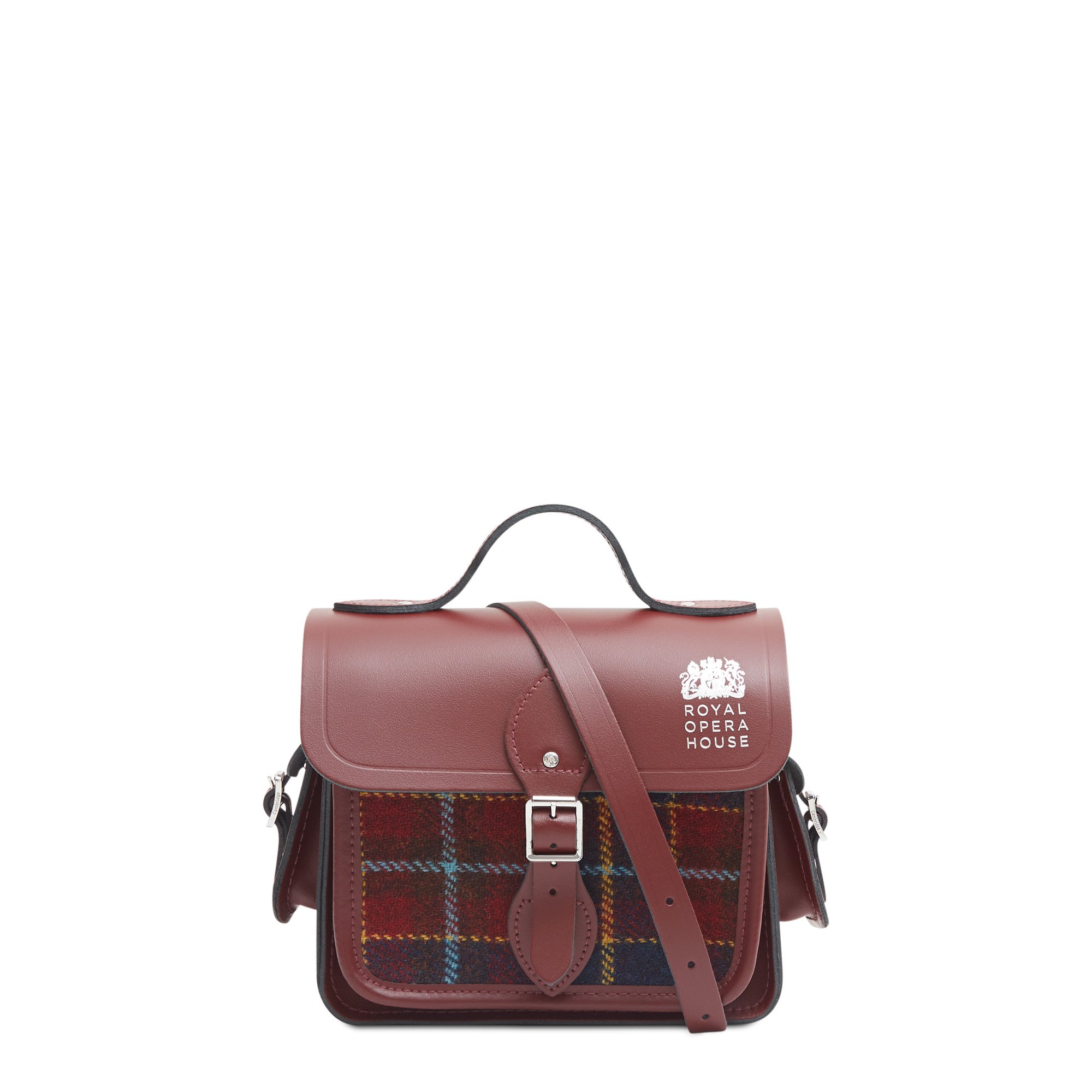 Cambridge Satchel Traveller Bag with Side Pockets in Leather - Oxblood with ROH Tweed and Logo