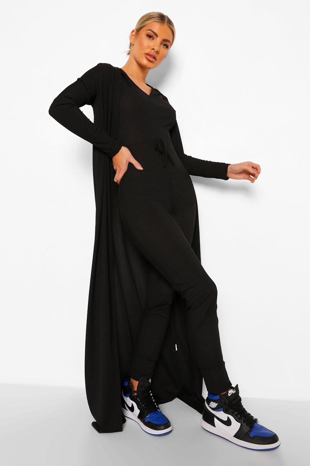 boohoo Womens Rib Drawstring Jumpsuit And Duster Set - Black - 14, Black