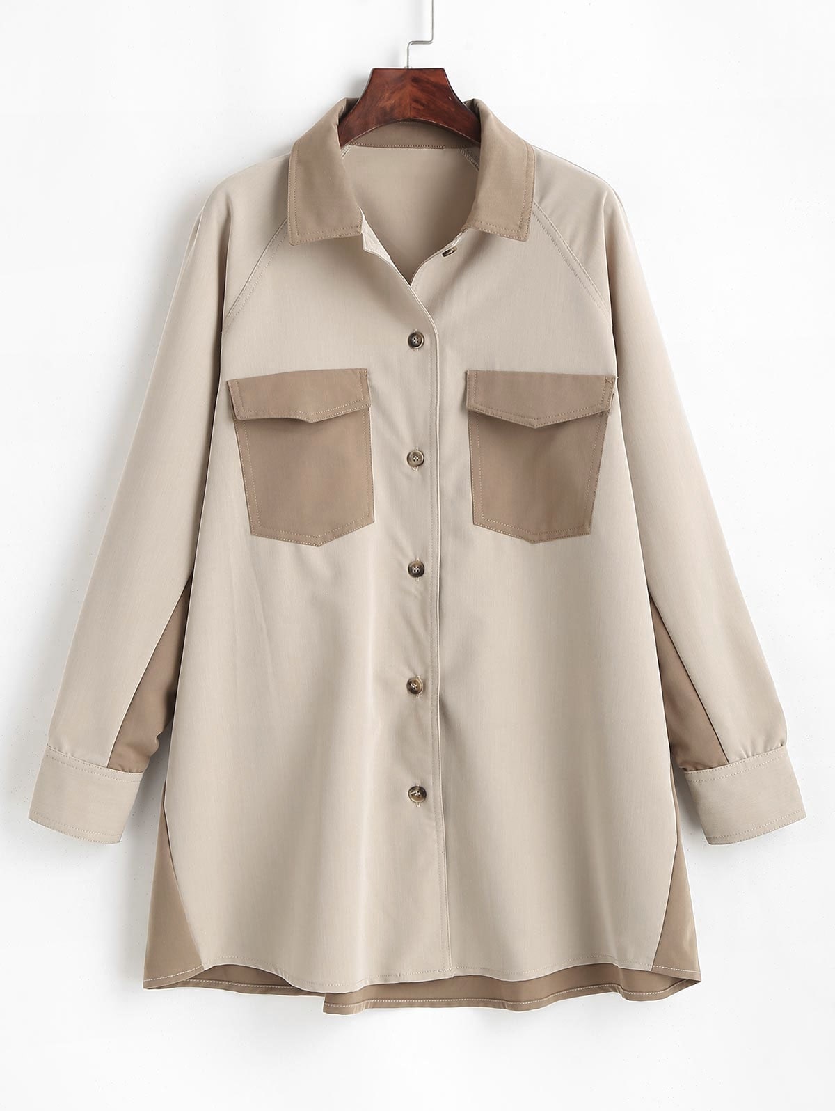 Zaful Zweifärbiges Klappe Taschen Langline Hemd | XS