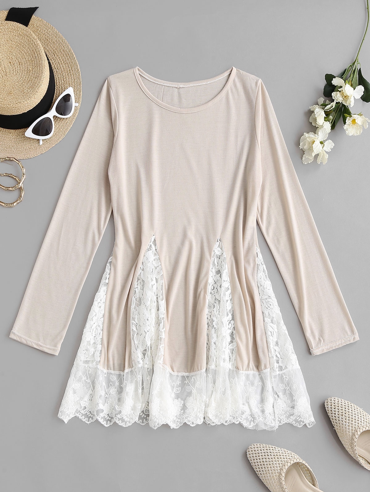 Zaful Blumen Spitze Insert Farbblock Minikleid | L