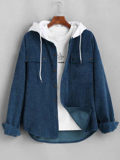 Zaful Colorblock mit Kapuze Corduroy Hemd-Jacken | 3XL