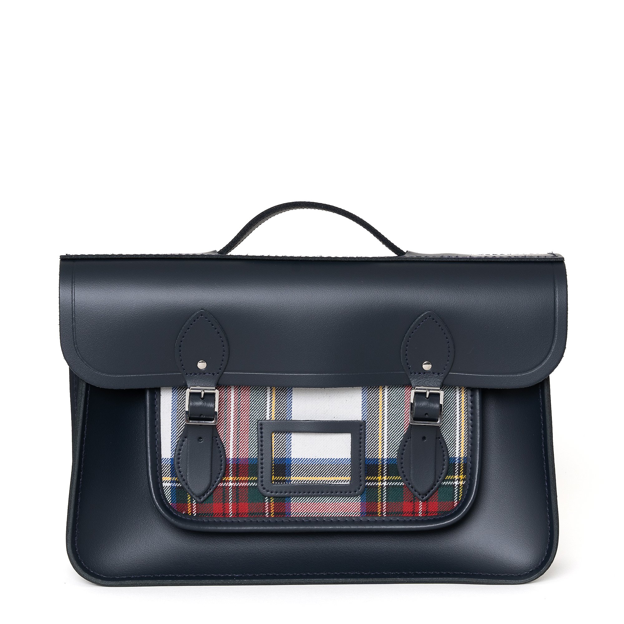 Cambridge Satchel 15 Inch Classic Batchel in Leather - Navy with Stewart Tartan