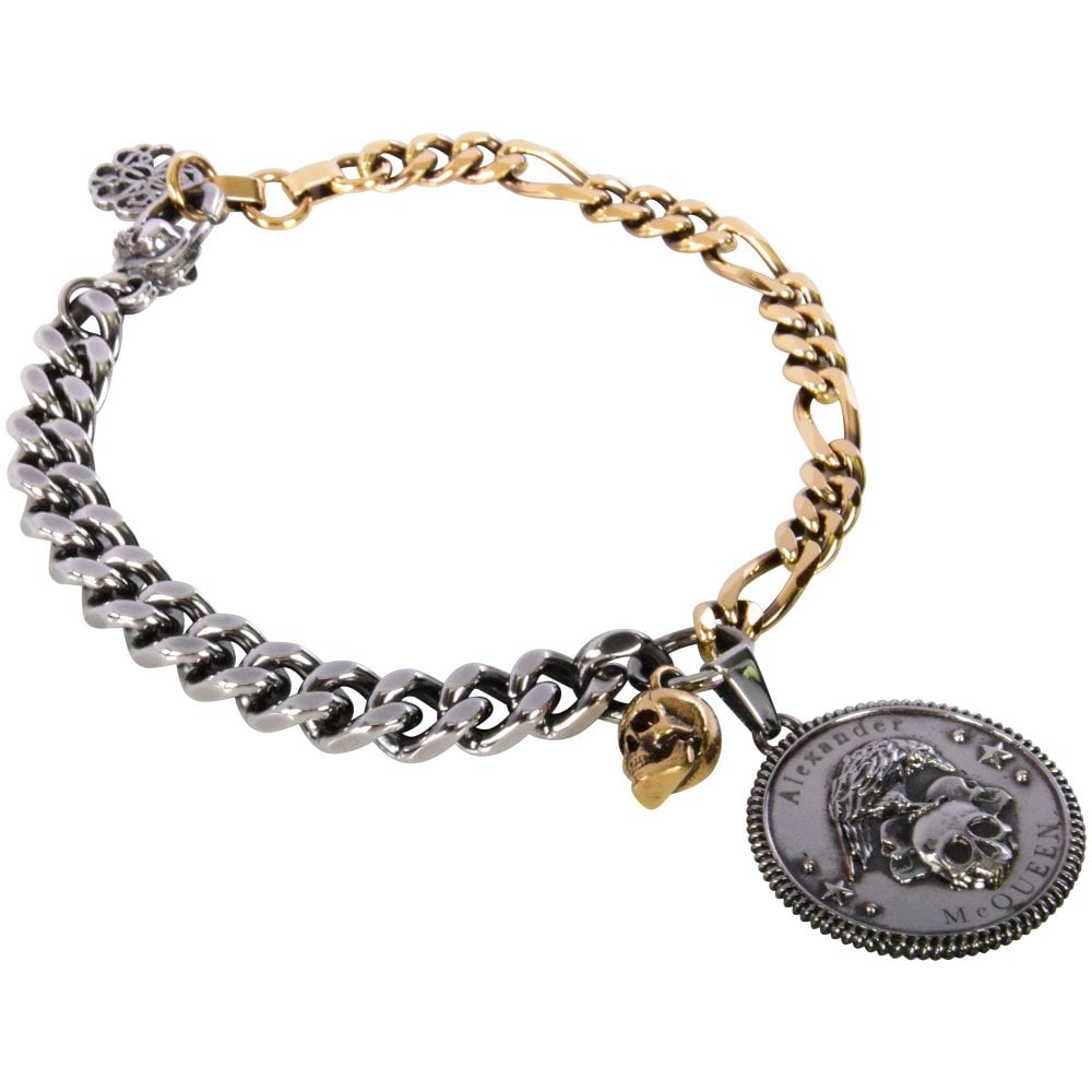 ALEXANDER MCQUEEN Men's Two Tone Black/Gold Skull Pendant Bracelet | Black/Gold | OSZ