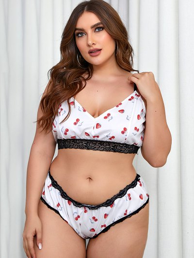 Zaful Plus Size Cherry Strawberry Print Lace Trim Bra Set | Women's | WHITE | 1XL