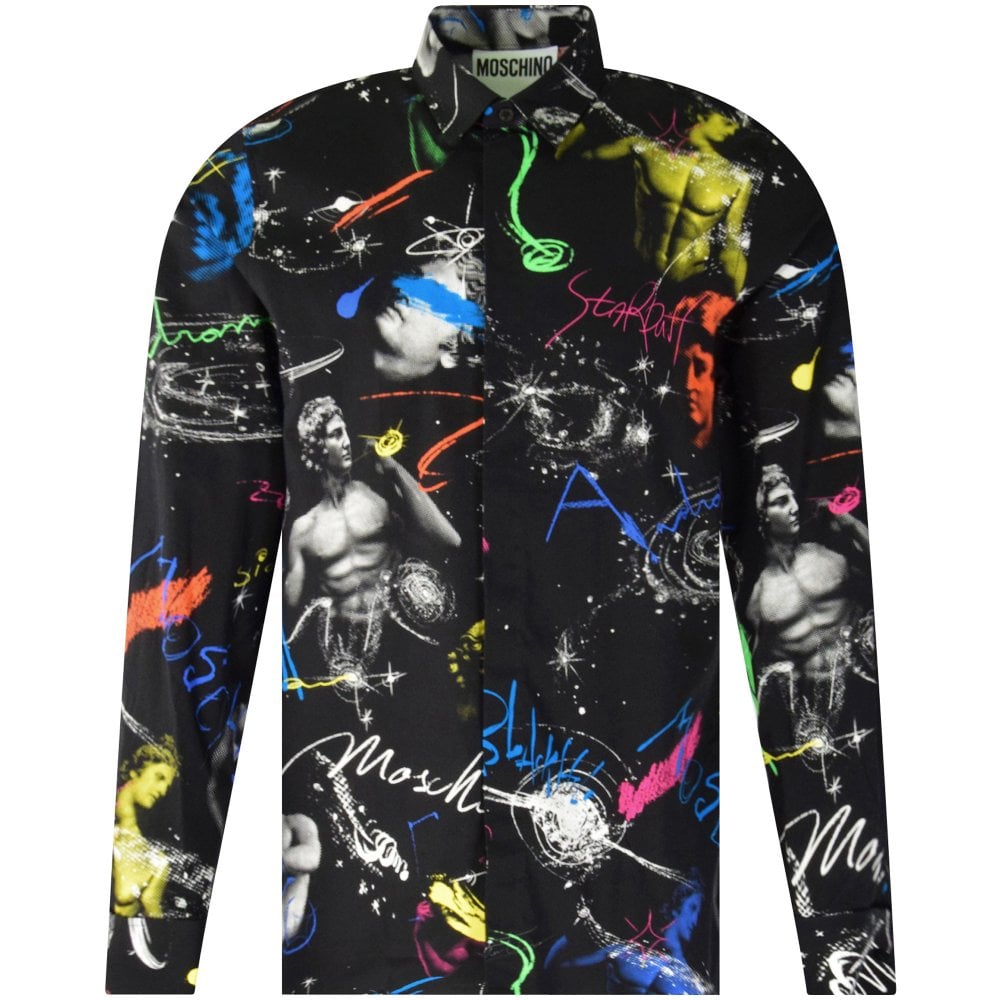 MOSCHINO Men's Galaxy Print Poplin Shirt | Fantasy Print Black | 39