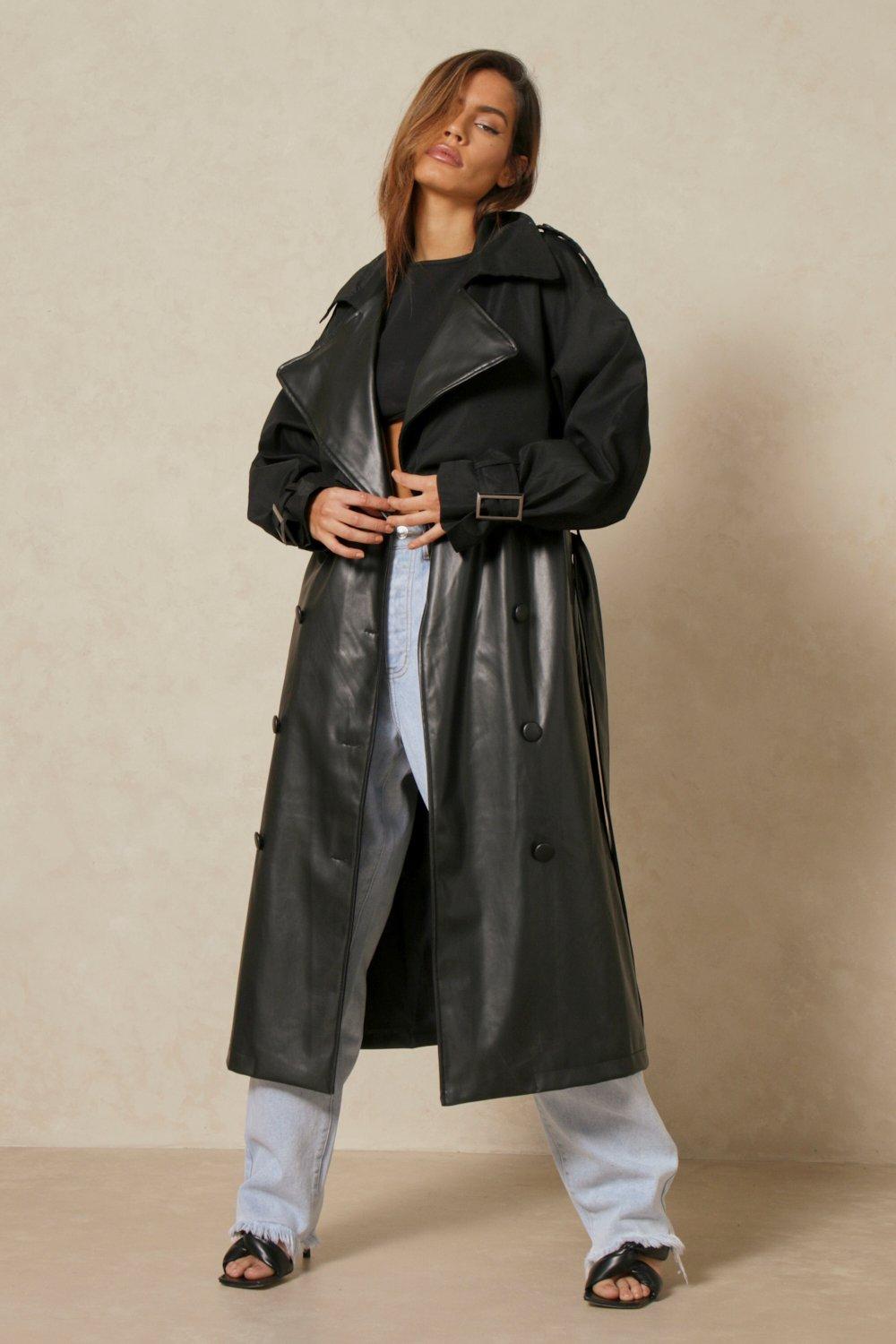Womens Faux Leather Contrast Fabric Trench Coat - black - L, Black