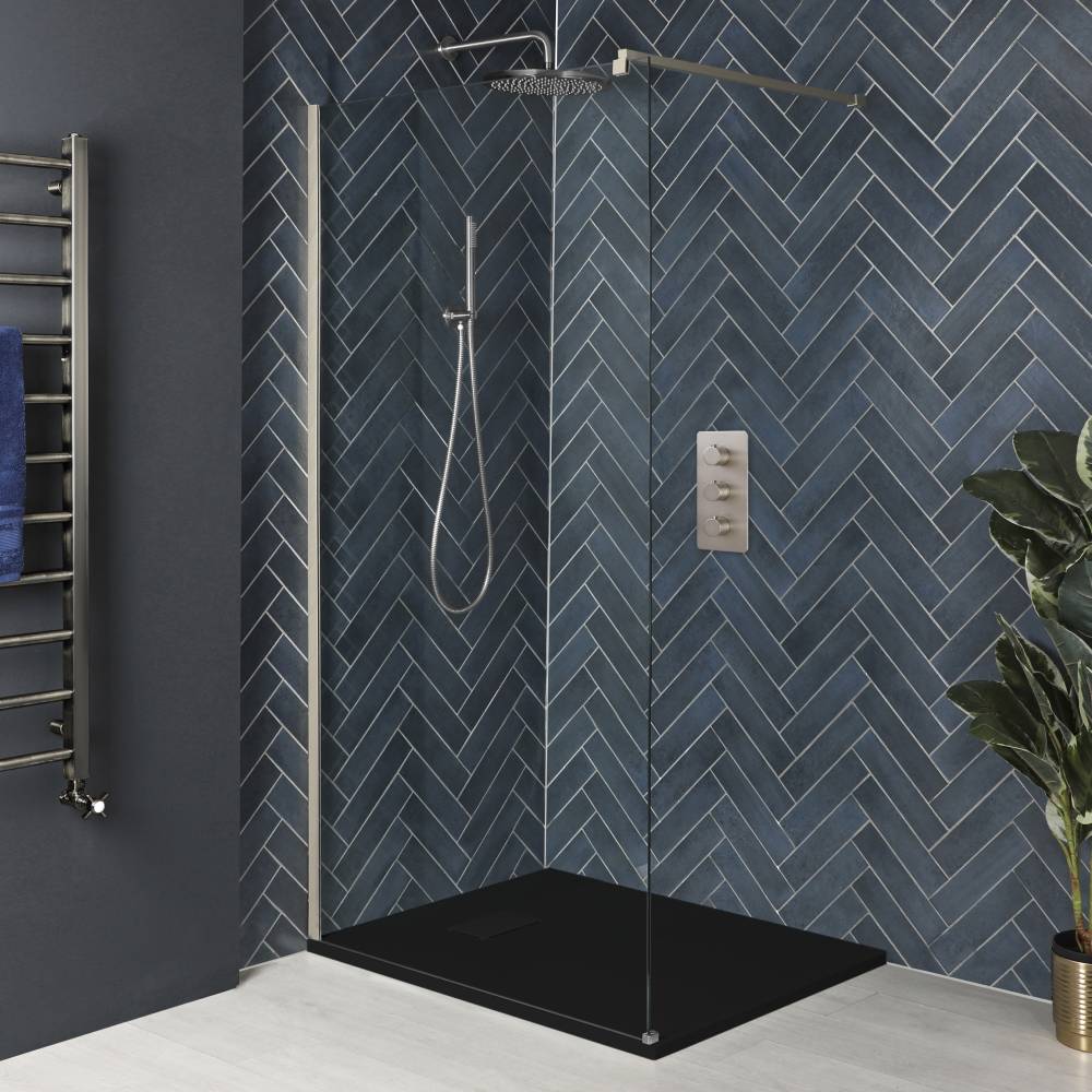 Inloopdouche 1 Vaste Wand Geborsteld Nikkel | Keuze van Afmeting en Afwerking van Steeneffect Douchebak | Harting