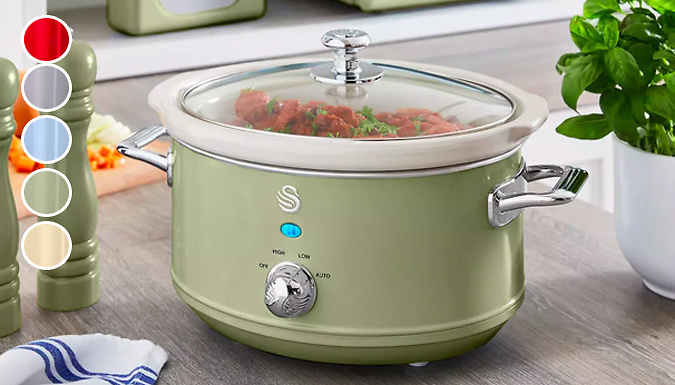 J Star UK 1.5L, 3.5L or 6.5L Swan Retro-Style Slow Cooker With Recipe Book - 5 Colours