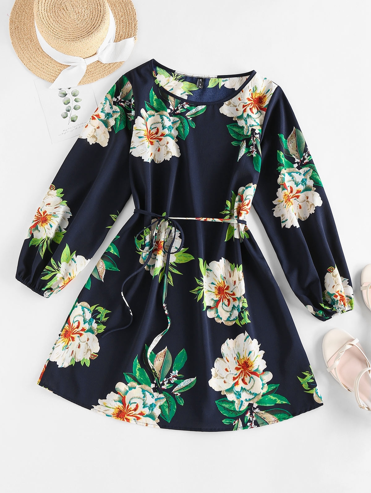 Zaful ZAFUL Langarm Minikleid mit Gürtel und Blumenmuster | XL