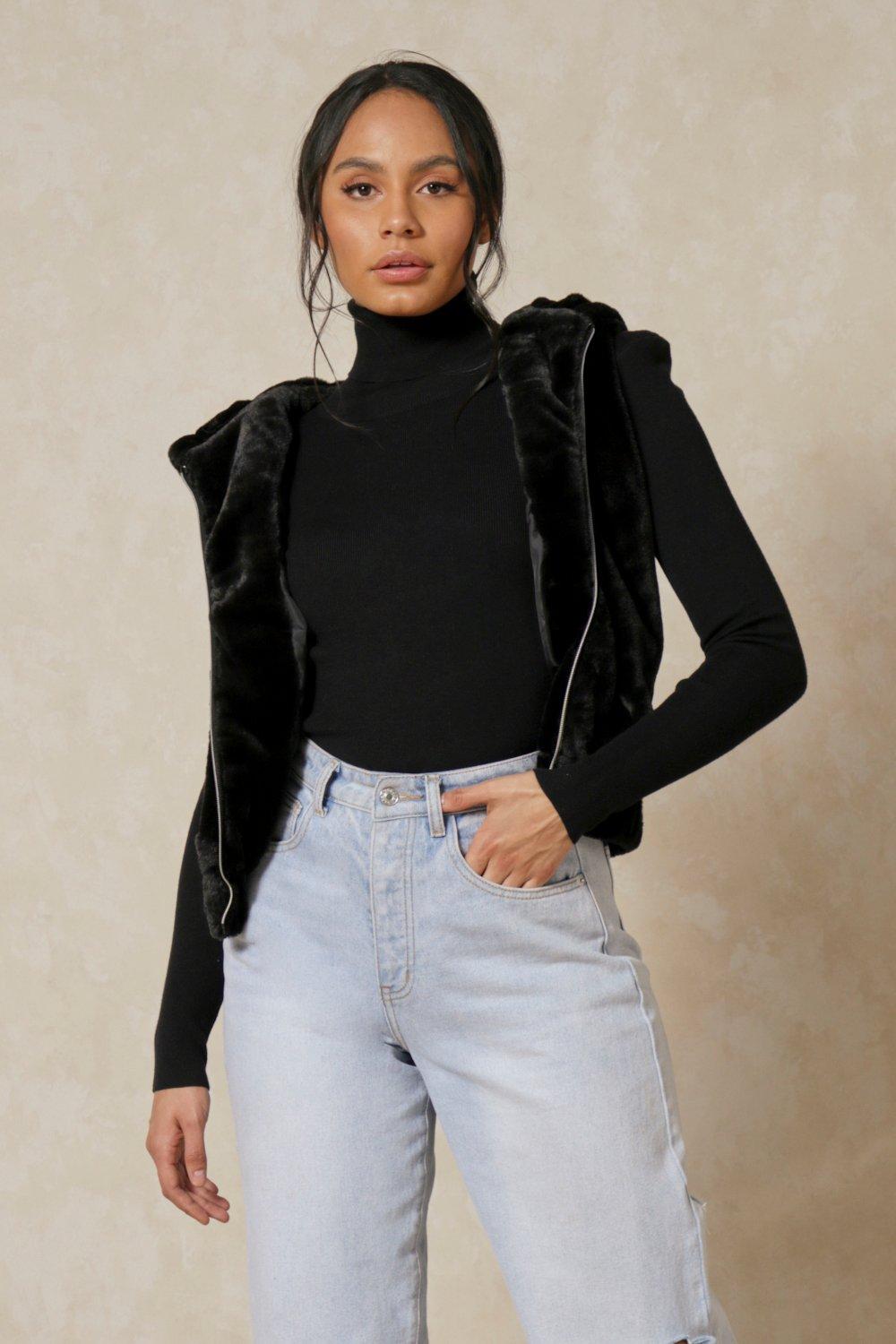 Womens Faux Fur Zip Through Hooded Gilet - black - 12, Black