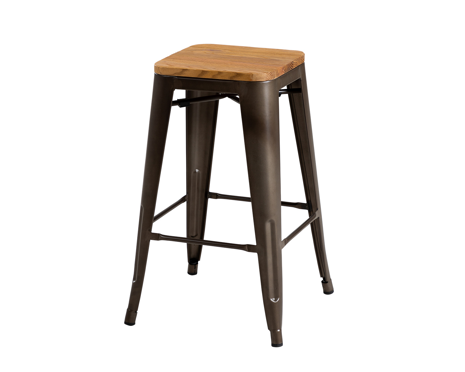 Low Tolix Style Stool in Gunmetal Matte with Natural Elm Seat