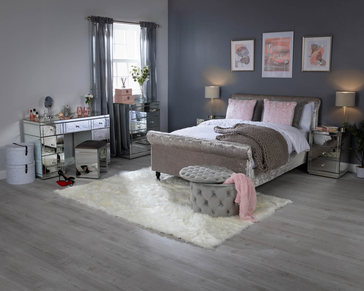 Monroe Silver Mirrored Dressing Table Set with 2 x 3 Drawer Bedside Chests and Stool