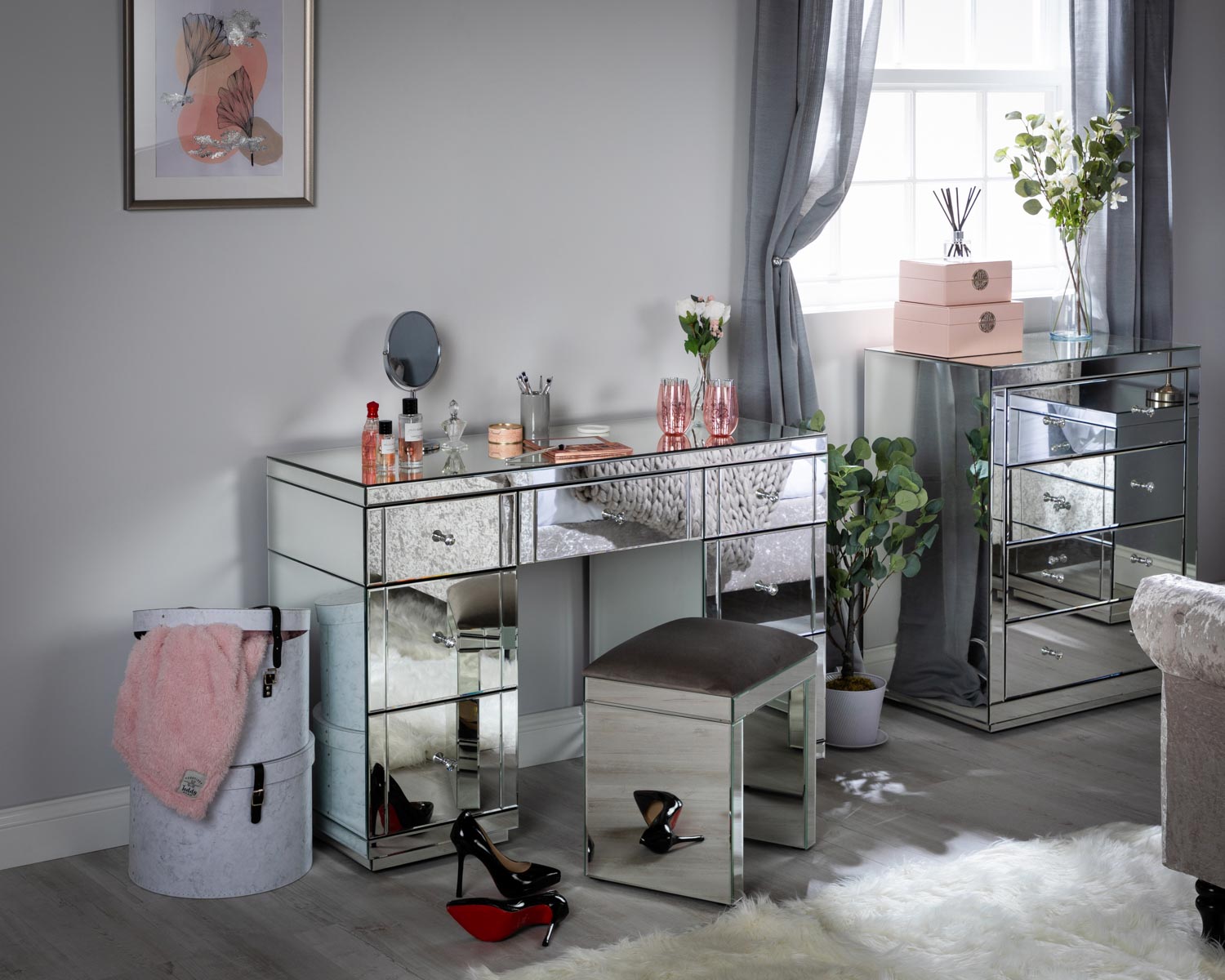 Monroe Silver Mirrored Dressing Table Set with Stool