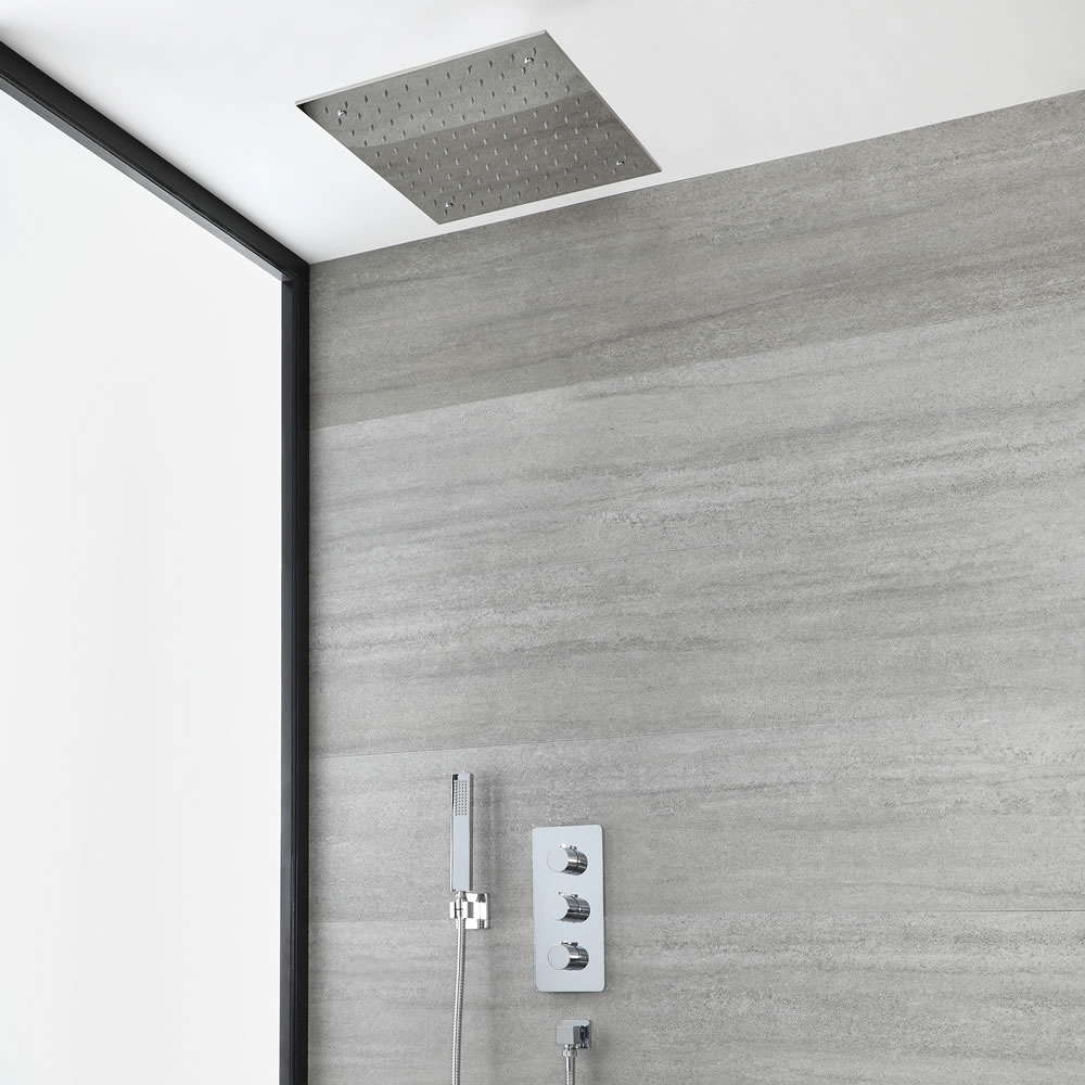 Doucheset Inclusief Douchekraan 2-Weg Thermostatisch, Vierkante Plafond Douchekop en Handdouche Chroom | Arcadia