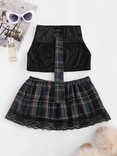 Zaful Lace Trim Plaid Schoolgirl Lingerie Costume | Women's | BLACK | XL