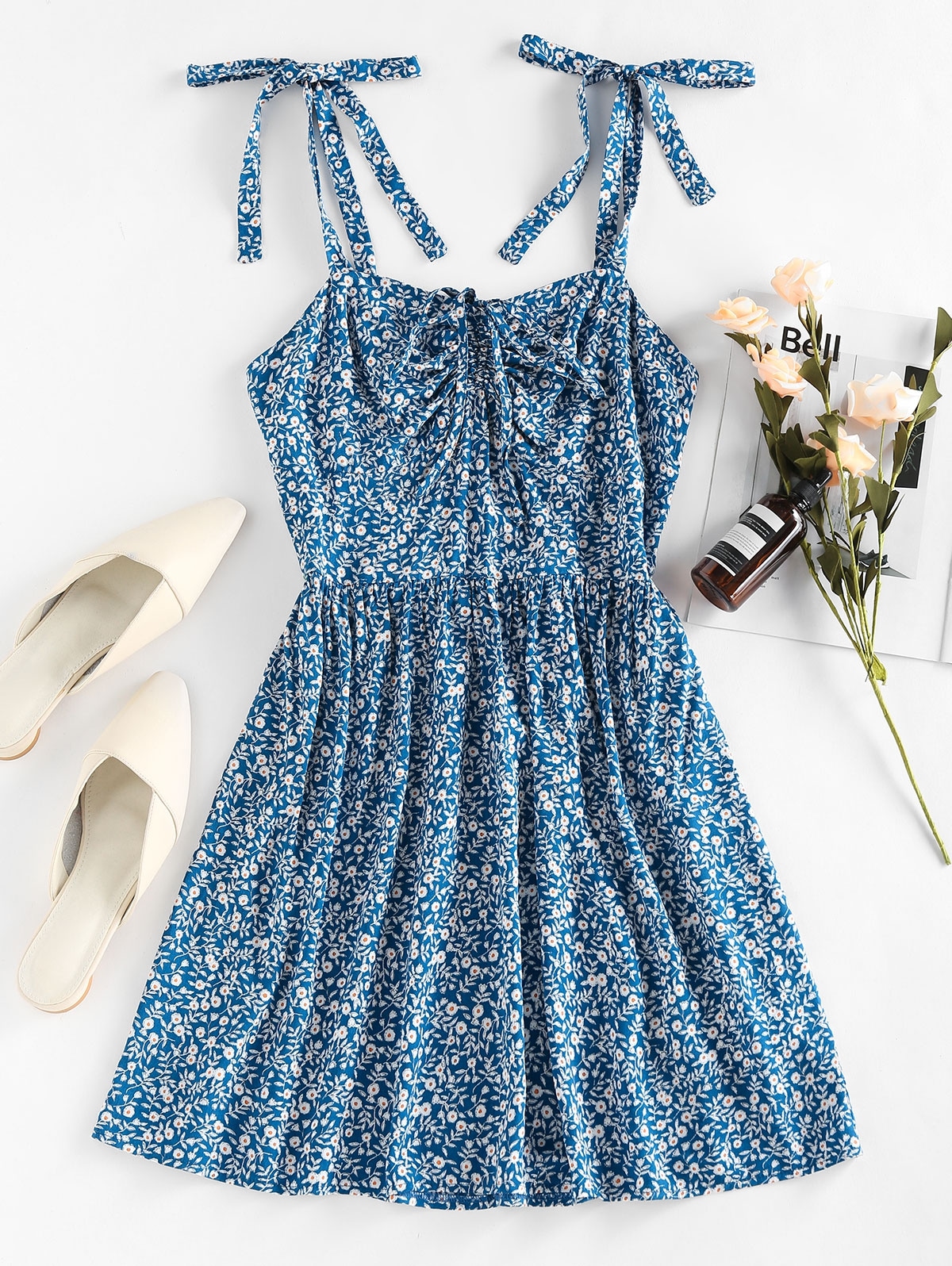 Zaful Tie Strap Smocked Back Floral Print Cami Dress | S