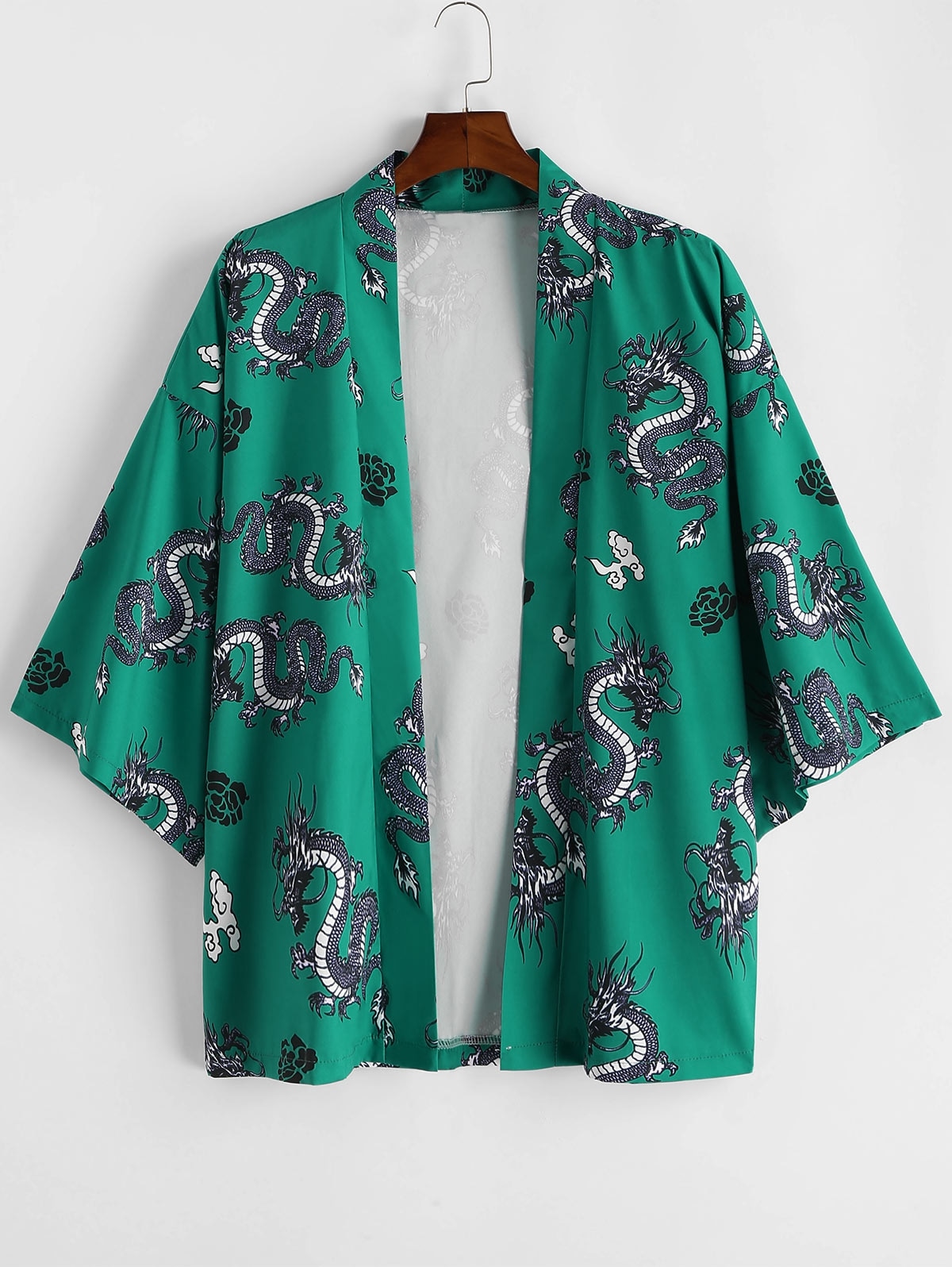 Zaful Dragon Flower Print Open Front Kimono Cardigan | M