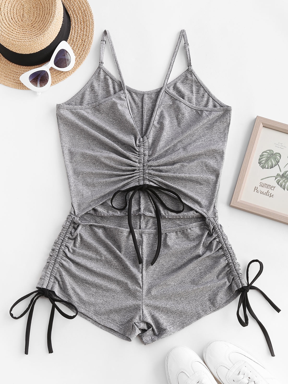 Zaful Heather Cutout Cinched Unitard Romper | Women's | LIGHT GRAY | L