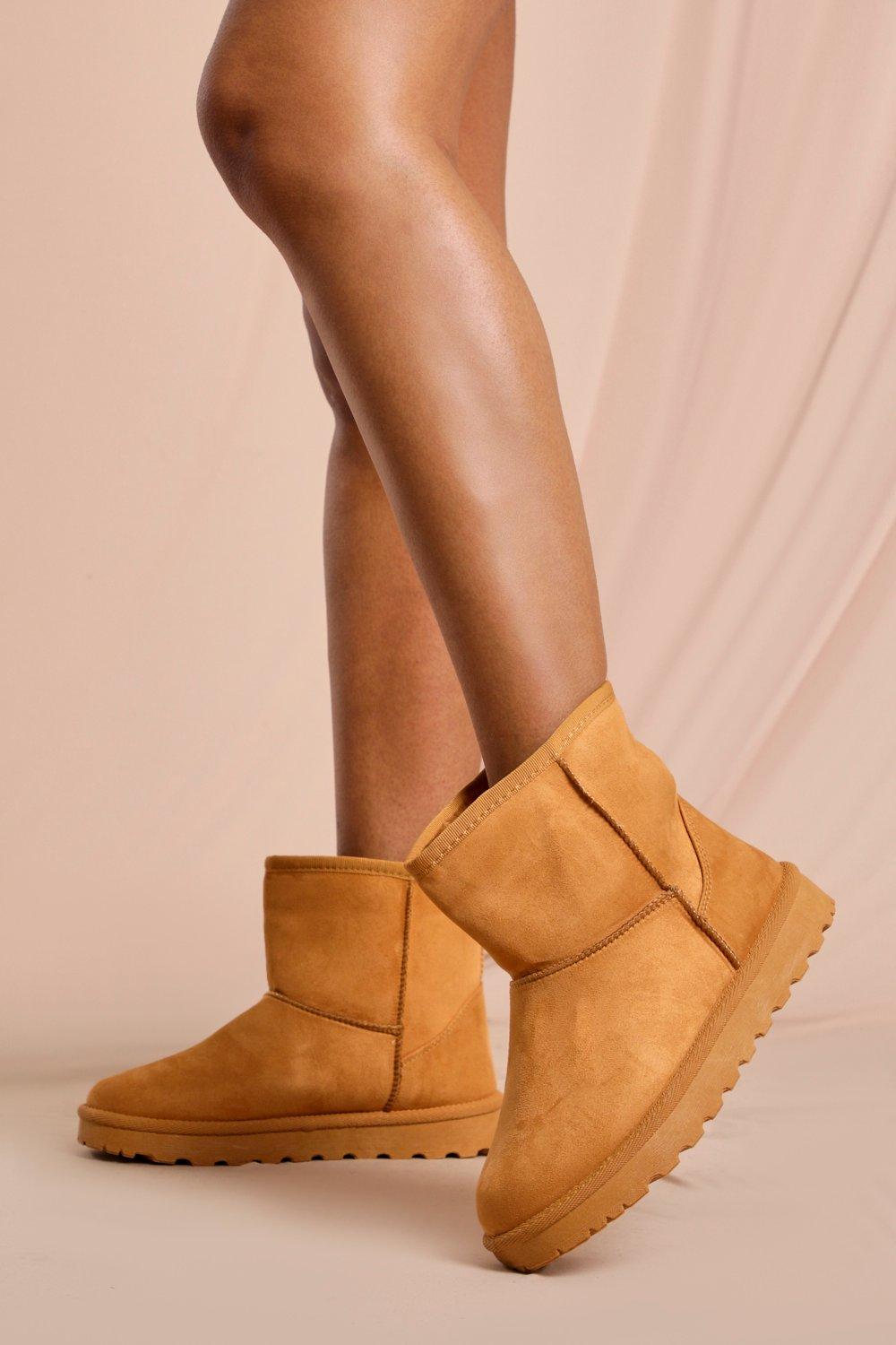 Womens Faux Fur Suedette Ankle Boots - tan - 7, Tan