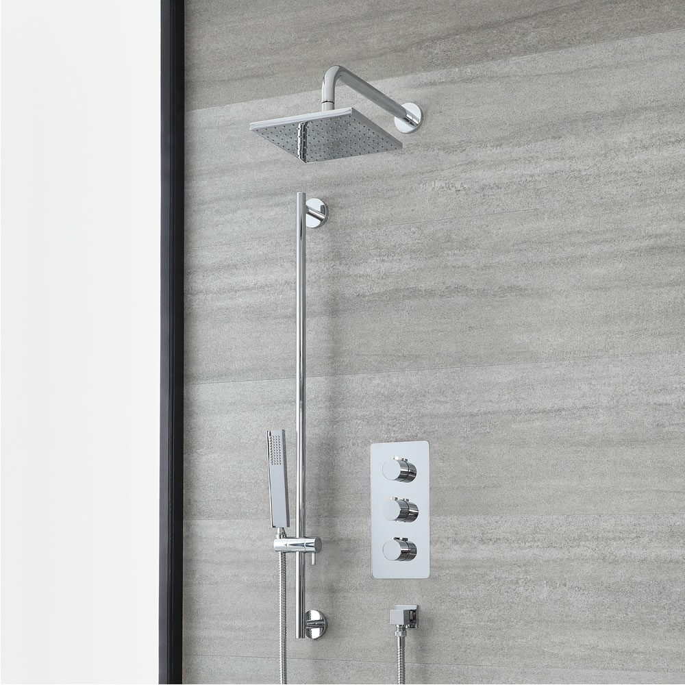 Doucheset Inclusief Douchekraan 2-Weg Thermostatisch, Vierkante Douchekop met Douchearm en Handdouche met Glijstang Chroom | Arcadia