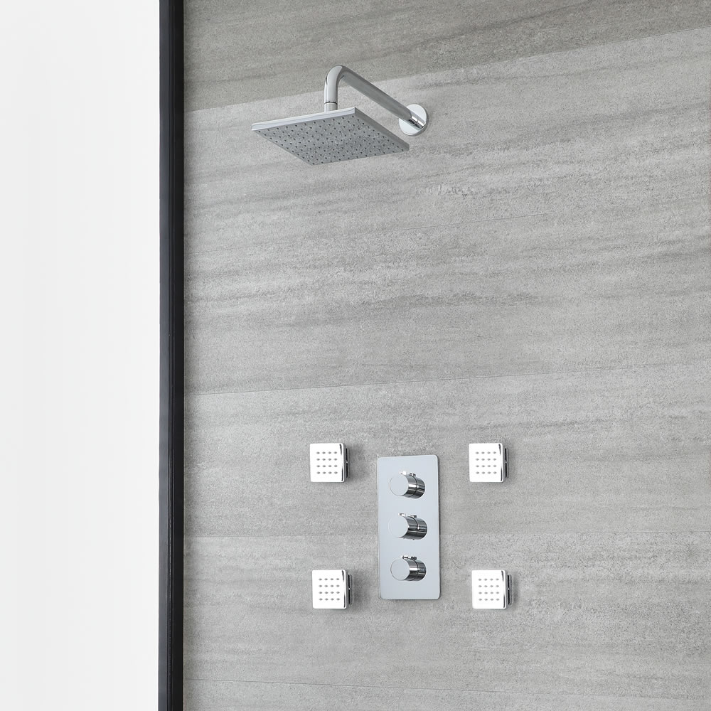 Doucheset Inclusief Douchekraan 2-Weg Thermostatisch, Vierkante Douchekop met Douchearm en 4 x Zijdouches Chroom | Arcadia