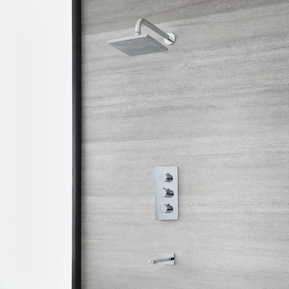 Doucheset Inclusief Douchekraan 2-Weg Thermostatisch, Vierkante Douchekop met Douchearm en Baduitloop Chroom | Arcadia