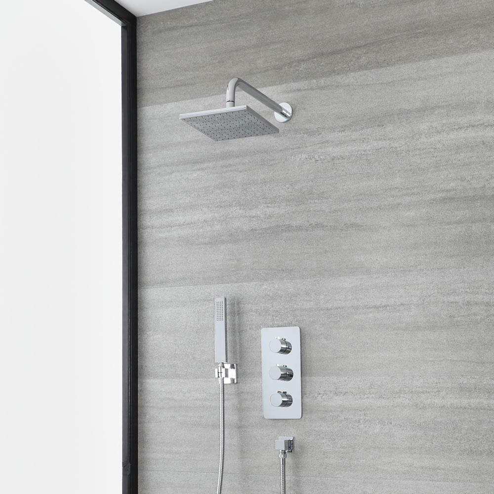 Doucheset Inclusief Douchekraan 2-Weg Thermostatisch, Vierkante Douchekop met Douchearm en Handdouche Chroom | Arcadia