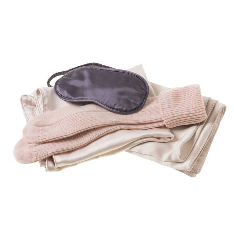 Lustrously Warm Bundle - Pink Silk Housewife Pillowcase Pair, Zinc Eye Mask &amp; Pink Cashmere Socks