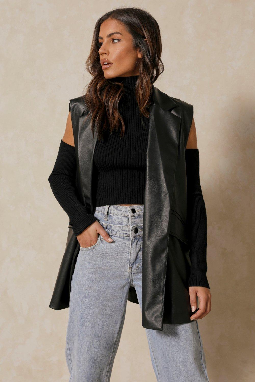 Womens Oversized Faux Leather Sleeveless Blazer - black - One Size, Black