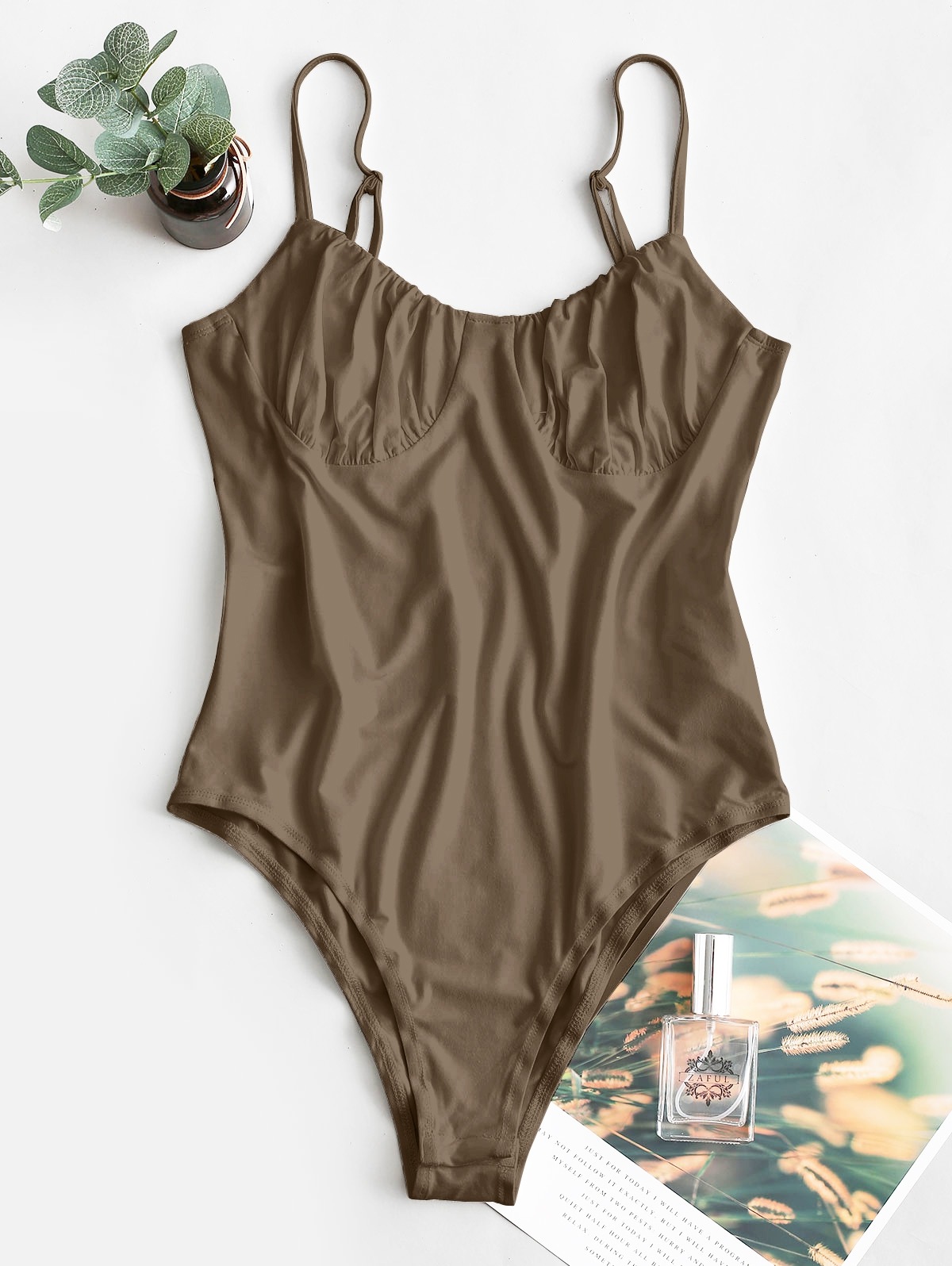 Zaful ZAFUL Solid Color High Cut Cami Bodysuit | Women's | COFFEE | M