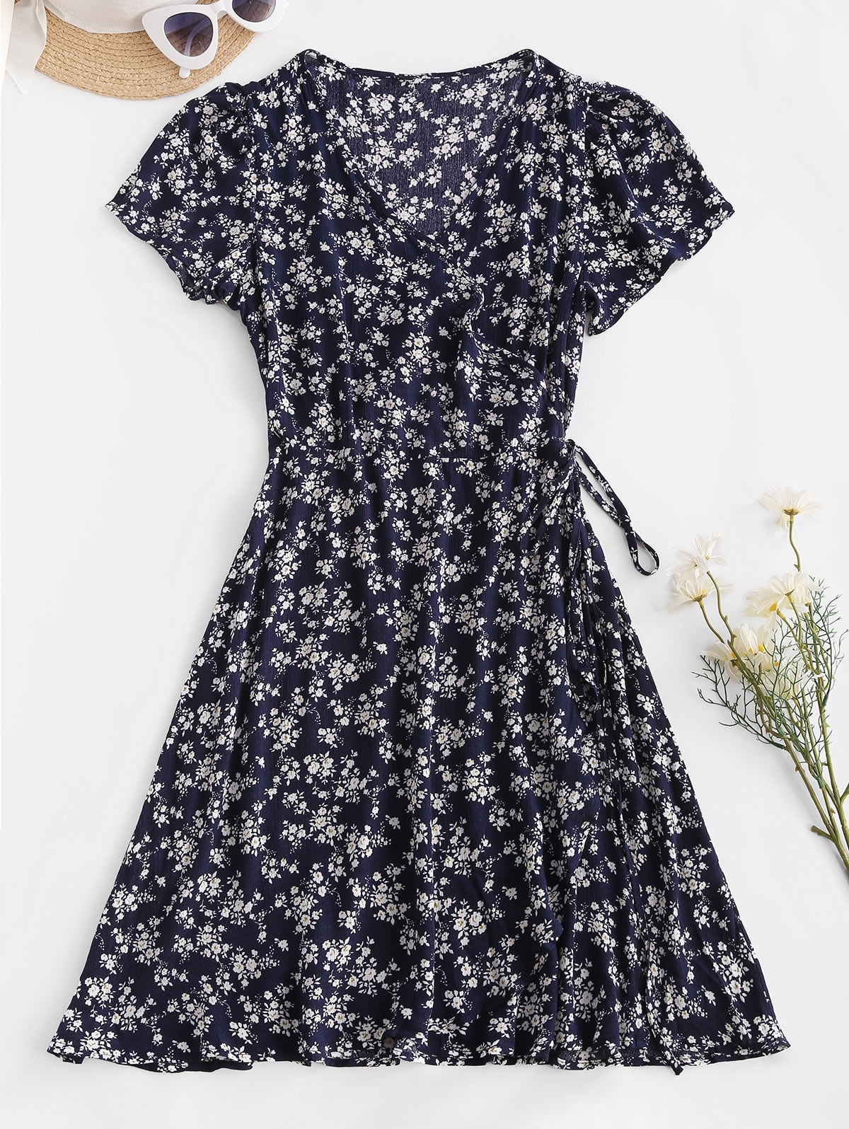 Zaful Ditsy Floral Wrap Mini Dress | L