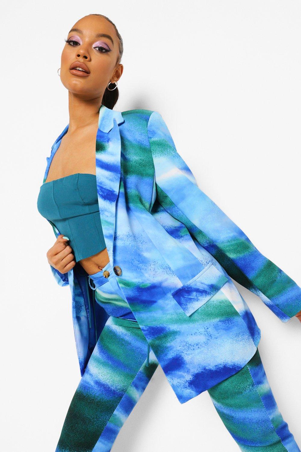 boohoo Womens Tie Dye Fitted Blazer - Blue - 12, Blue