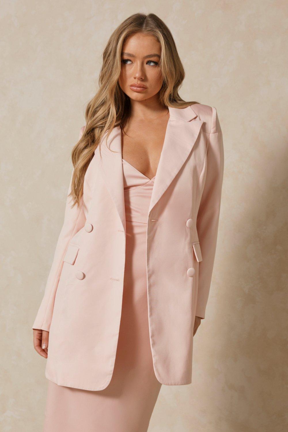 Womens Satin Spliced Longline Blazer - blush - 14, Blush