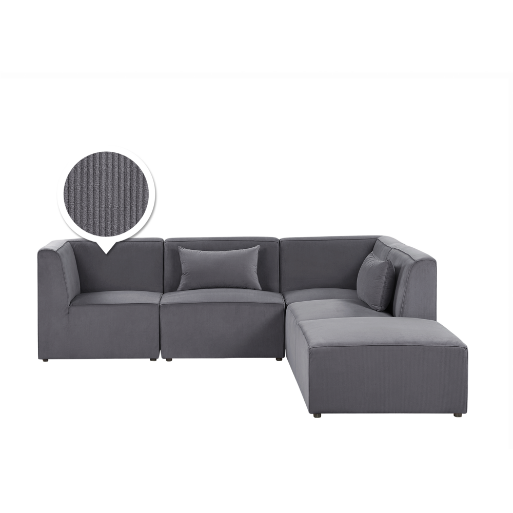 Beliani Hoekbank met ottomaan modulair corduroy grijs 4-zits linkszijdig LEMVIG