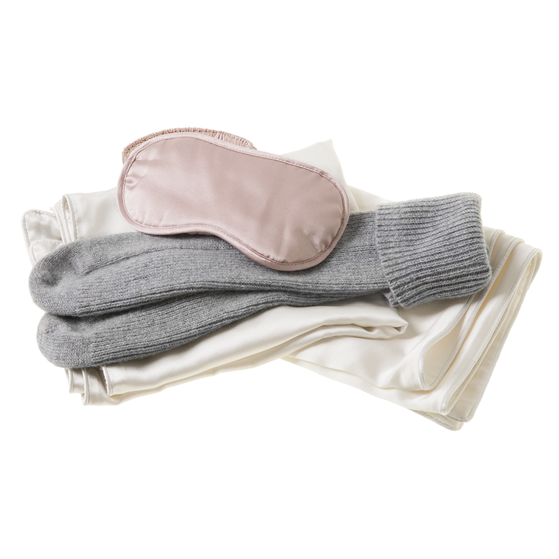 Lustrously Warm Bundle - Ivory Silk Housewife Pillowcase Pair, Pink Eye Mask &amp; Grey Cashmere Socks