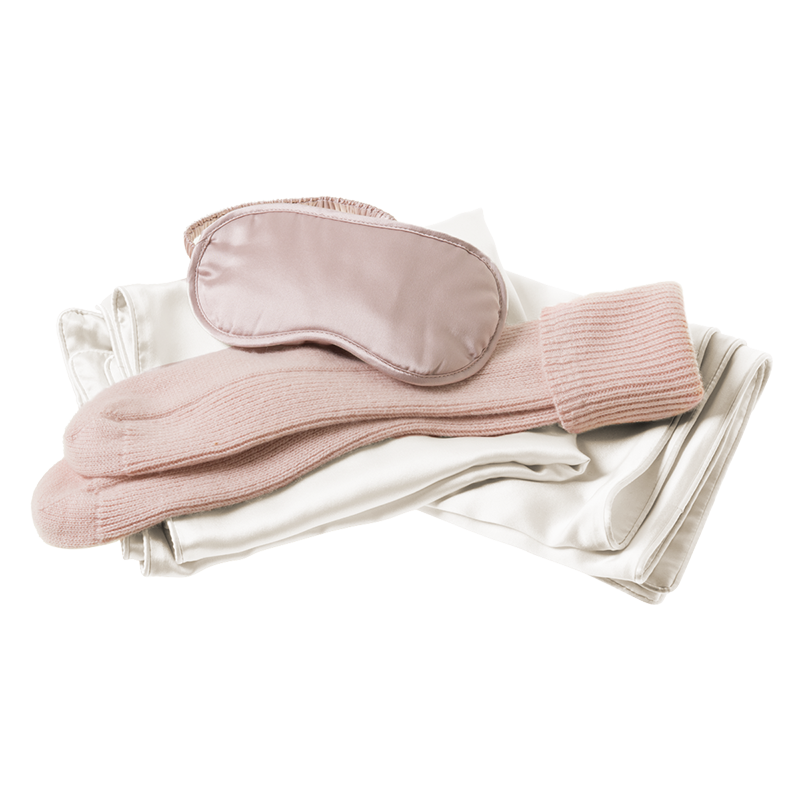 Lustrously Warm Bundle - Ivory Silk Housewife Pillowcase Pair, Pink Eye Mask &amp; Pink Cashmere Socks