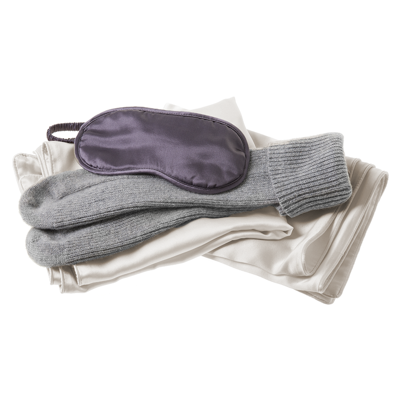 Lustrously Warm Bundle - Ivory Silk Housewife Pillowcase Pair, Zinc Eye Mask &amp; Grey Cashmere Socks