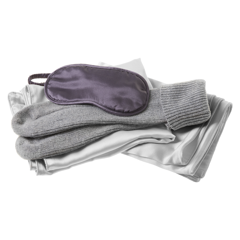 Lustrously Warm Bundle - Silver Silk Housewife Pillowcase Pair, Zinc Eye Mask &amp; Grey Cashmere Socks