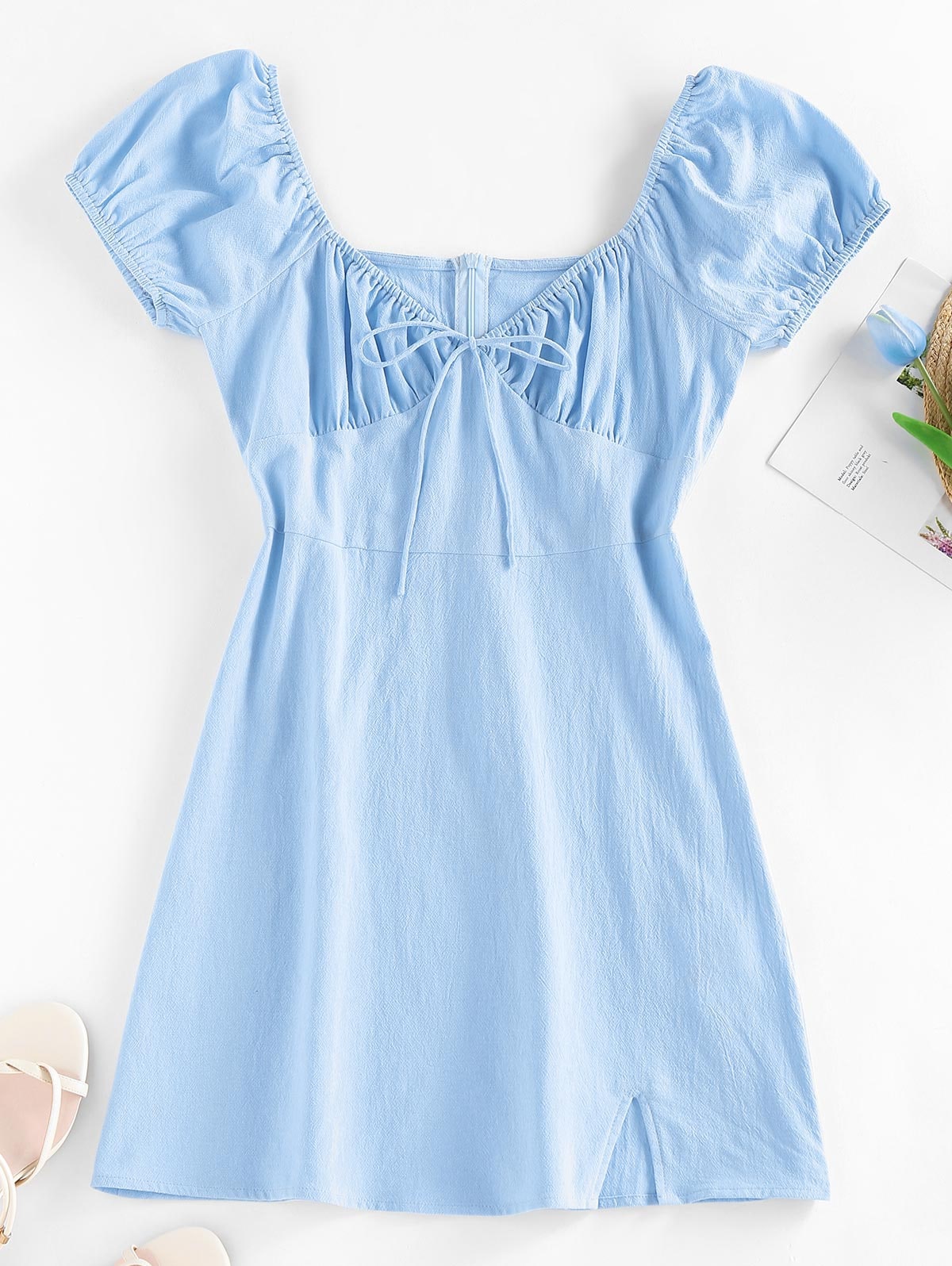 Zaful ZAFUL Bowknot Puff Sleeve Slit Mini Dress | L