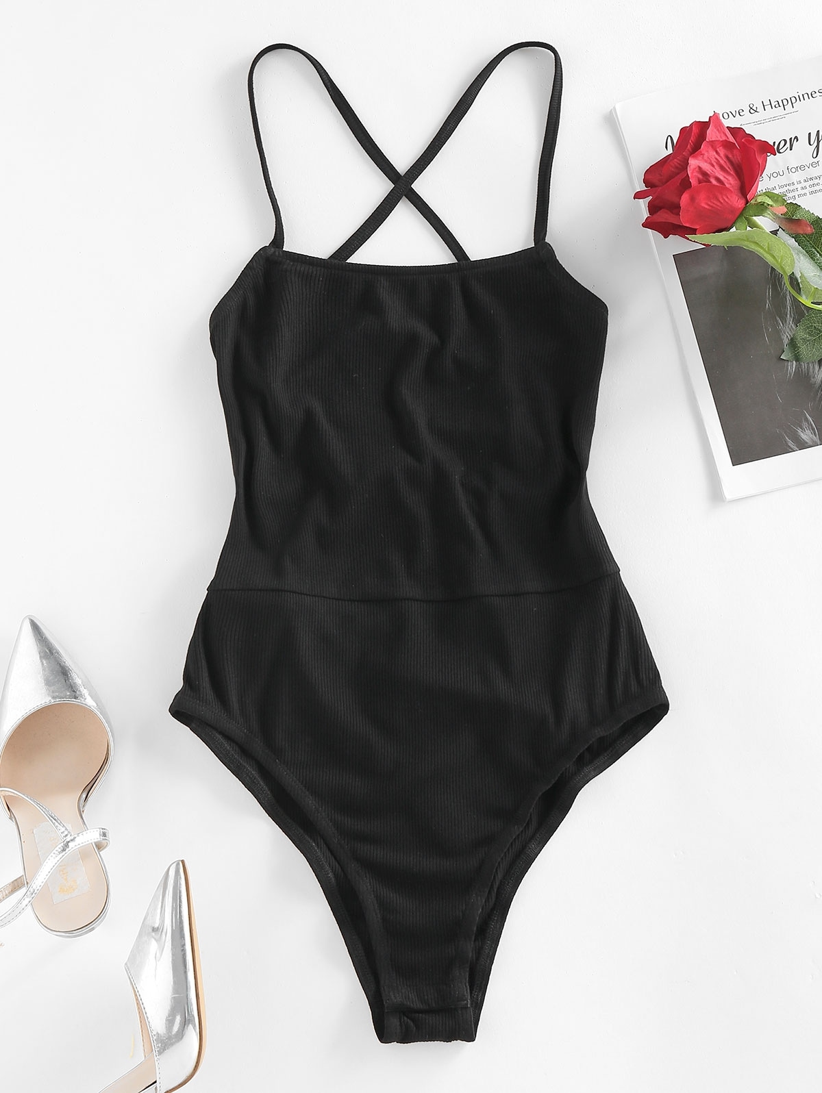 Zaful Open Back Lace Up Ribbed Bodysuit | Women's | BLACK | S