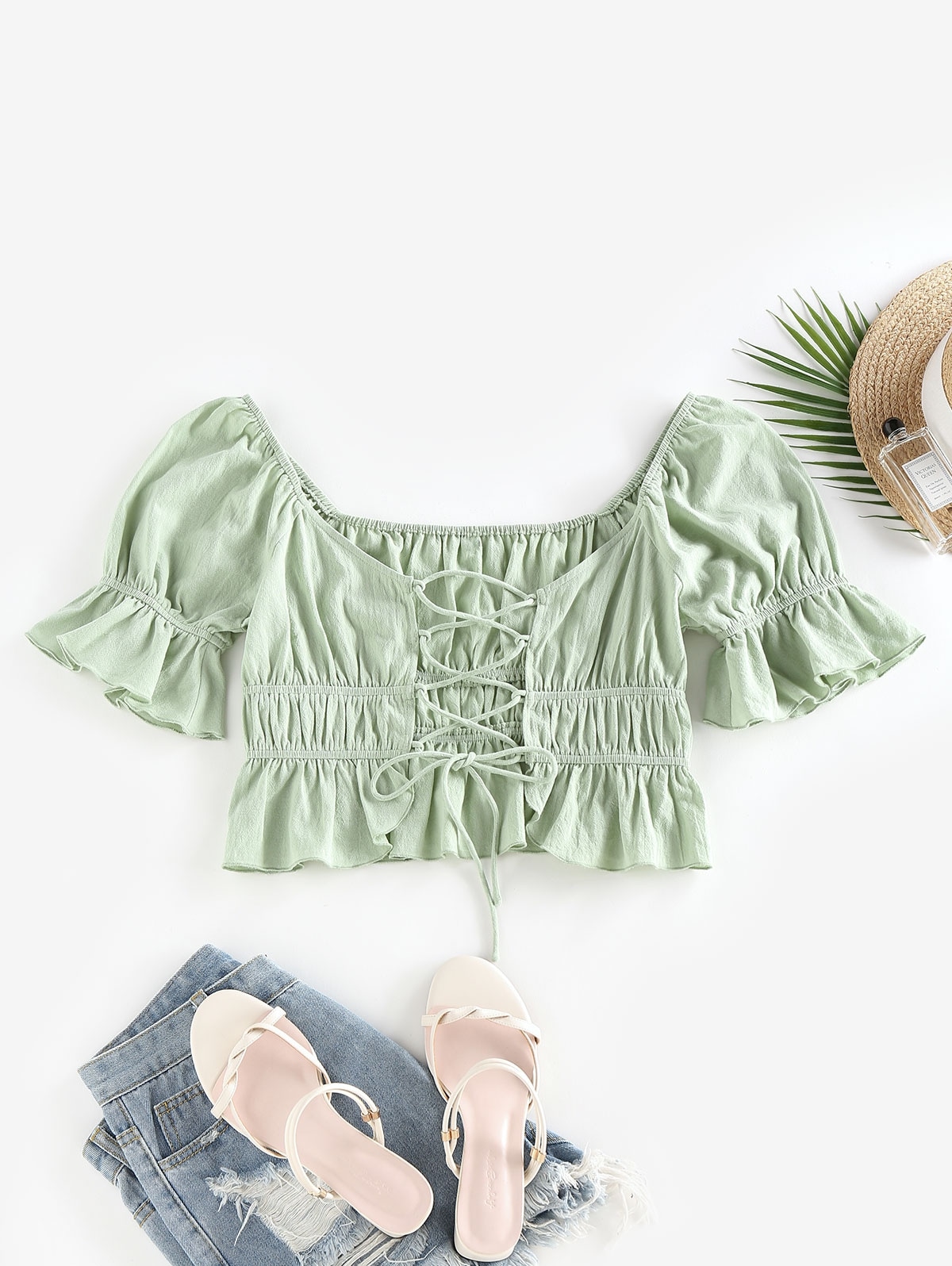 Zaful ZAFUL Ruffle Lace Up Raglan Sleeve Blouse | S