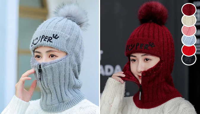 Domosecret Women's Knitted Zip-Up Balaclava Bobble Hat - 6 Colours