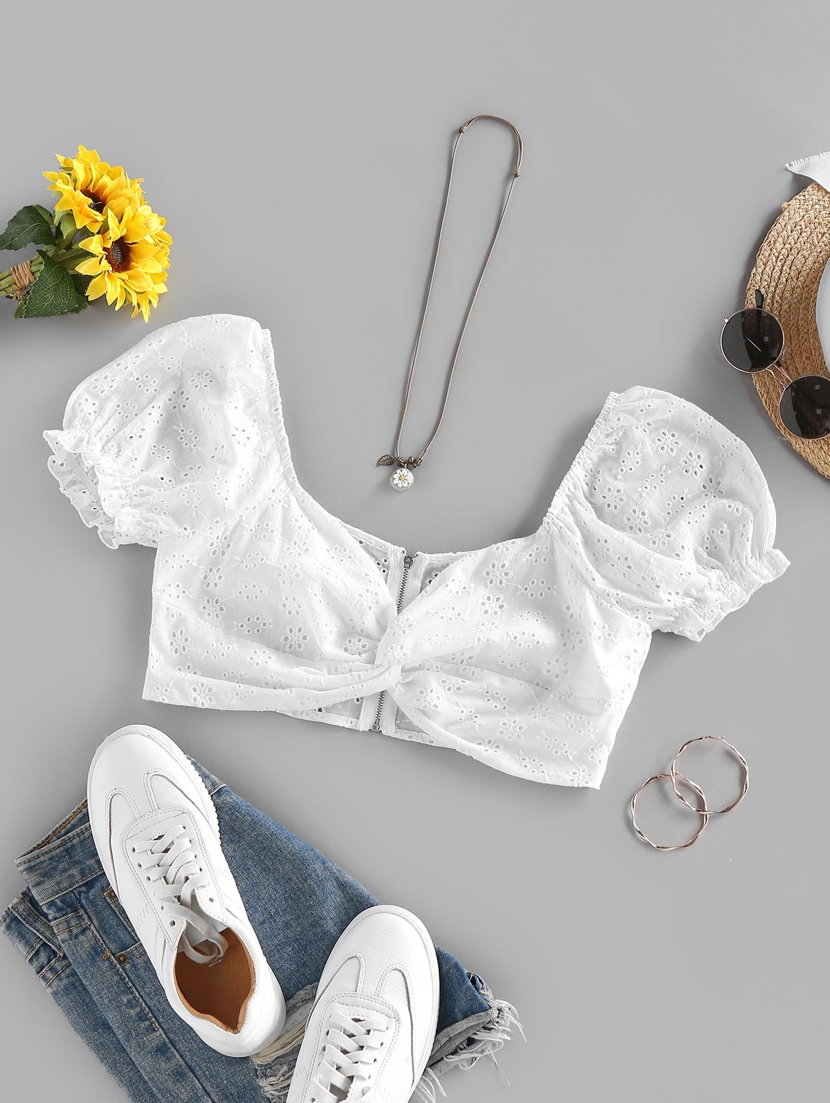 Zaful ZAFUL Broderie Anglaise Verdrehte Puff Ärmel Bluse mit Reißverschluss | S