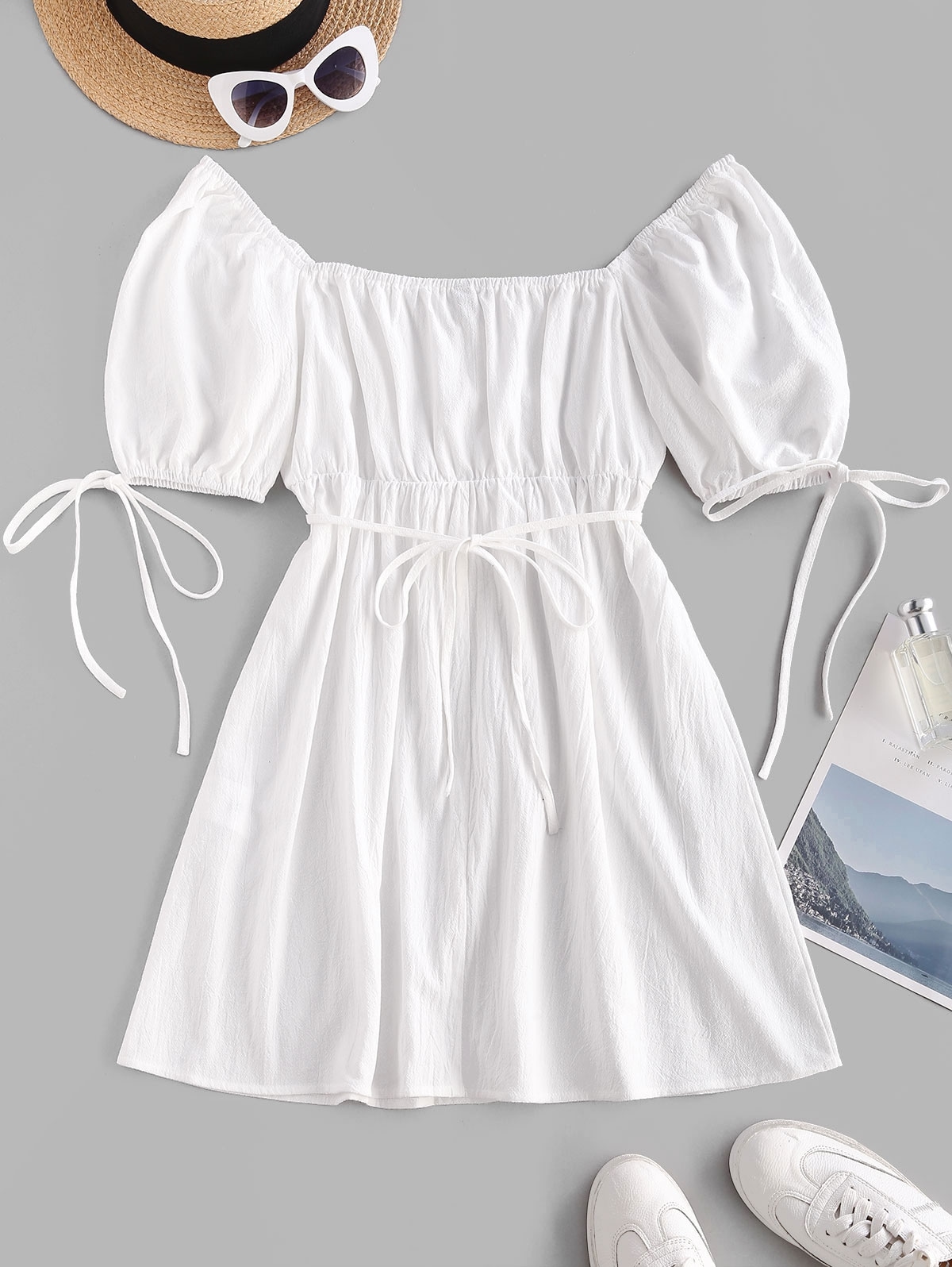 Zaful Gebundenes Puff Ärmel Milkmaid Minikleid | L