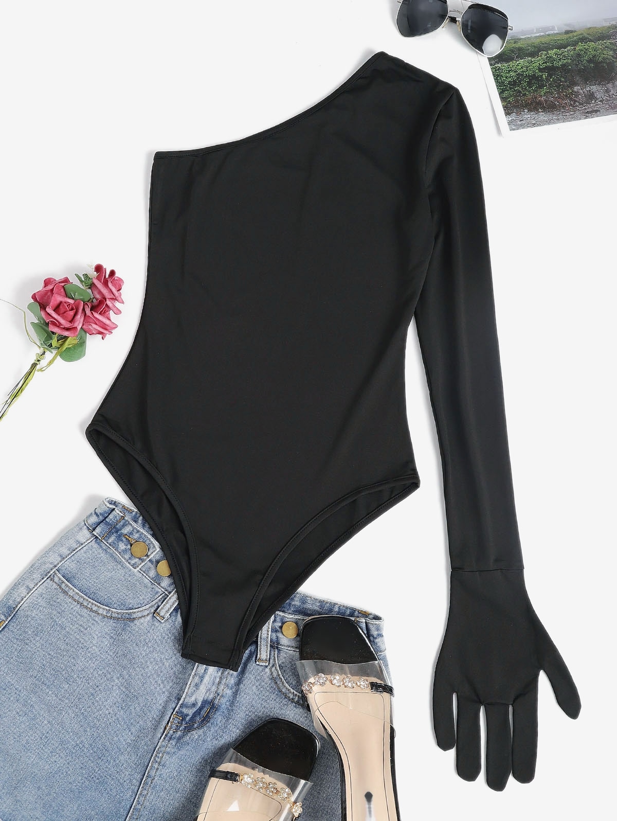 Zaful One Shoulder Snap Crotch Glove Sleeves Bodysuit | Women's | BLACK | M