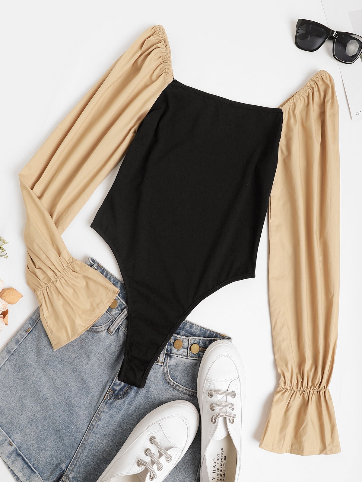 Zaful High Cut Poet Sleeve Combo Bodysuit | Women's | BLACK | L