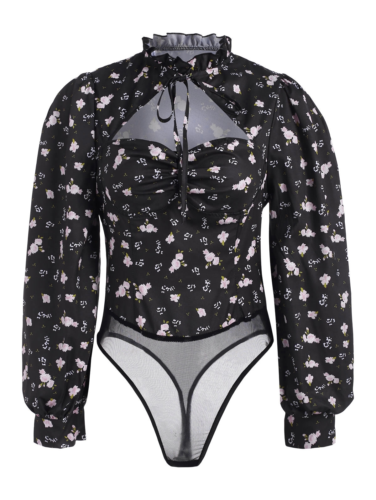 Zaful Flower Print Ruffle Neck Cutout Mesh Insert Bodysuit | Women's | BLACK | S