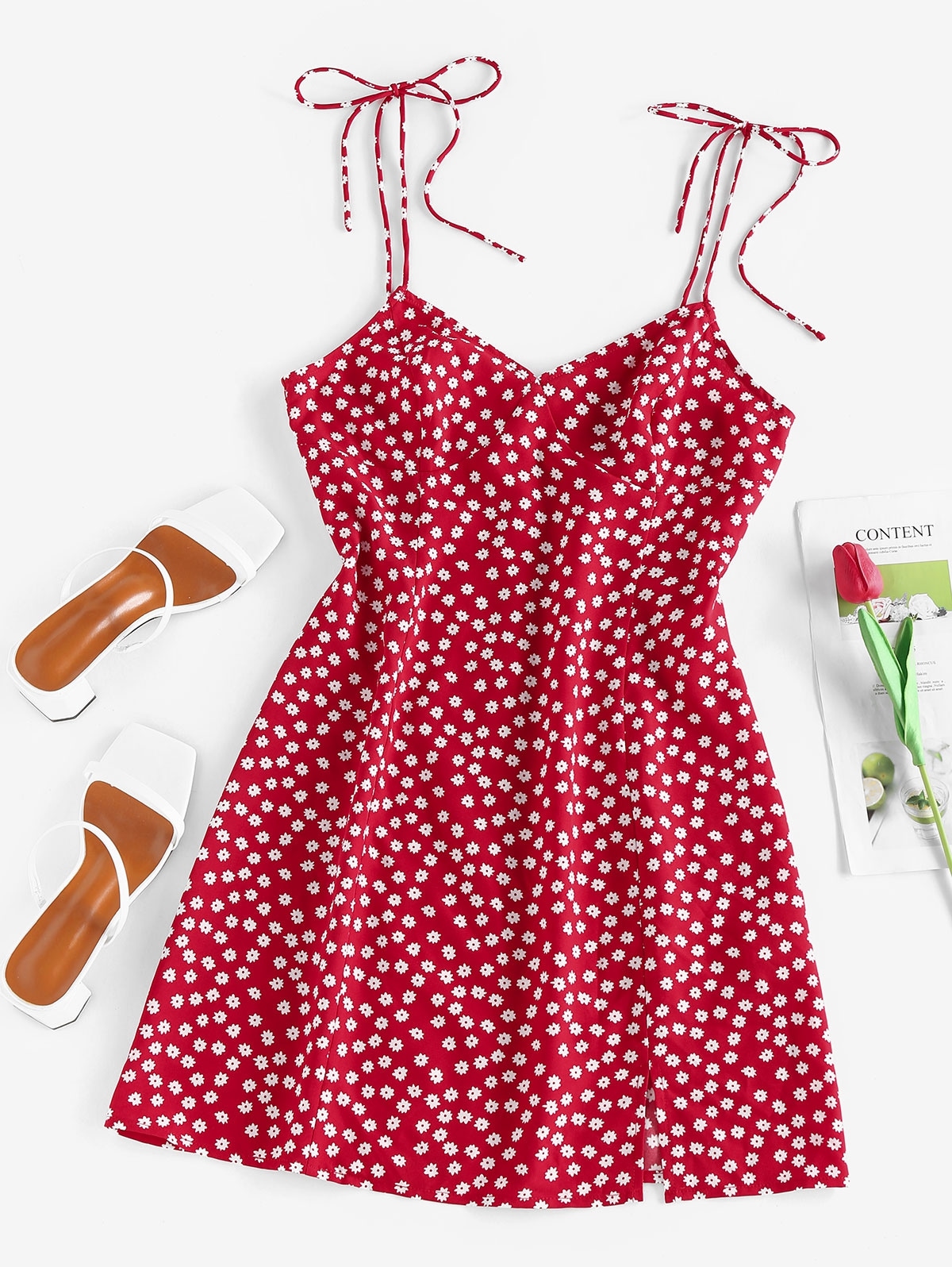 Zaful ZAFUL Gebundenes Ditsydruck Schlitz Schulter Minikleid | S